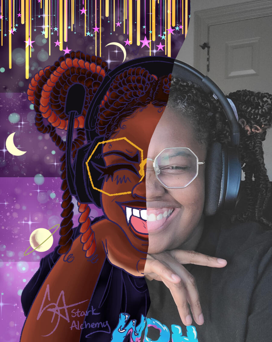 Photo of myself with the left half being a redraw in my own style surrounded by stars, moons, and planets on a purple nebula background.